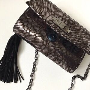 JPK Paris 75 Crossbody Chain Purse Bag Brown Copper Metallic Snake Scale Design